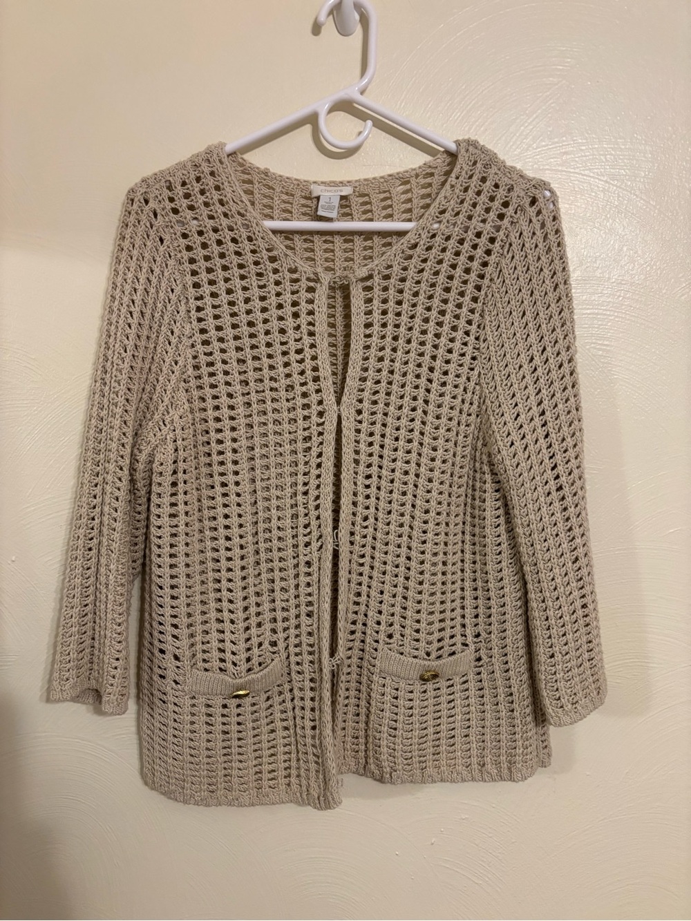 Chico’s Size 1 M Beige Open Knit Crochet Cardigan 3/4 Sleeve Cotton